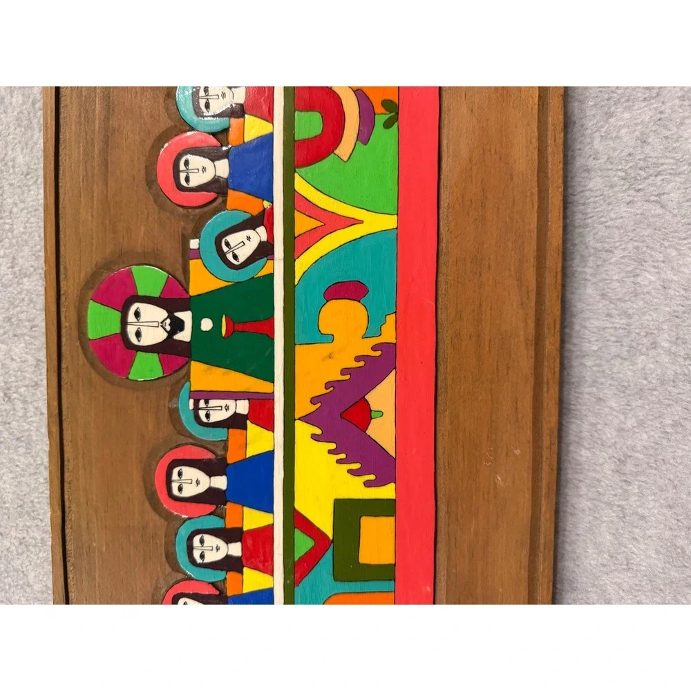 Vintage Folk Art The Last Supper Wood Plaque Hand Painted Religious Wall Decor